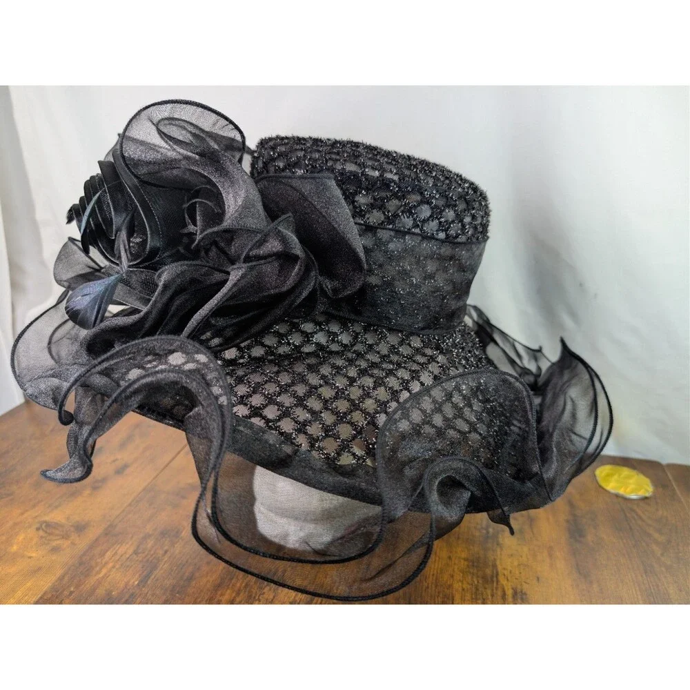 Elegant Black Organza Wide Brim Dress Hat Ruffle Flower Church Kentucky Derby